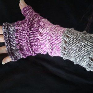 HandKnit in Canada Fingerless Gloves Mittens Armwarmers grey/pink/violet